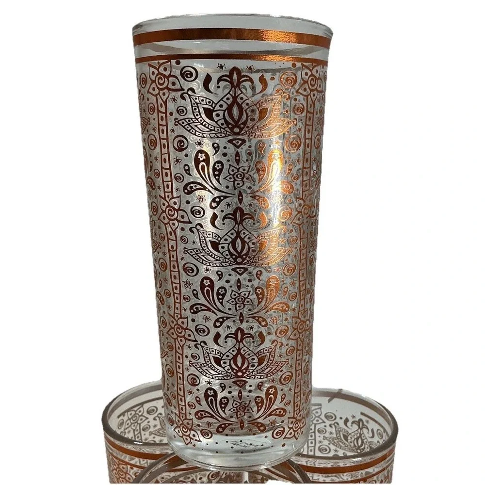 Vintage Moroccan Copper Filigree Highball Glasses Set of 4 Paisley Lotus Barware